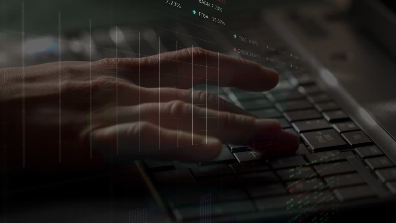 Animation of statistical, stock market data processing over close up of hands typing on keyboard