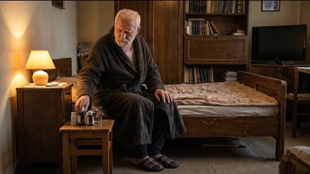 Elderly man sitting on his bed in a dimly lit home bedroom