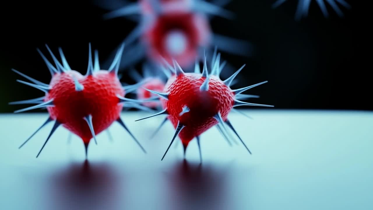 Microscopic view of spikes. Close-up view of striking red spiked structures under a microscope, showcasing intricate details and textures.