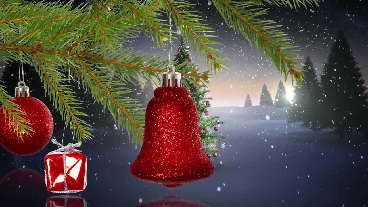 animación de ramas de abeto con decoraciones navideñas en el paisaje de invierno