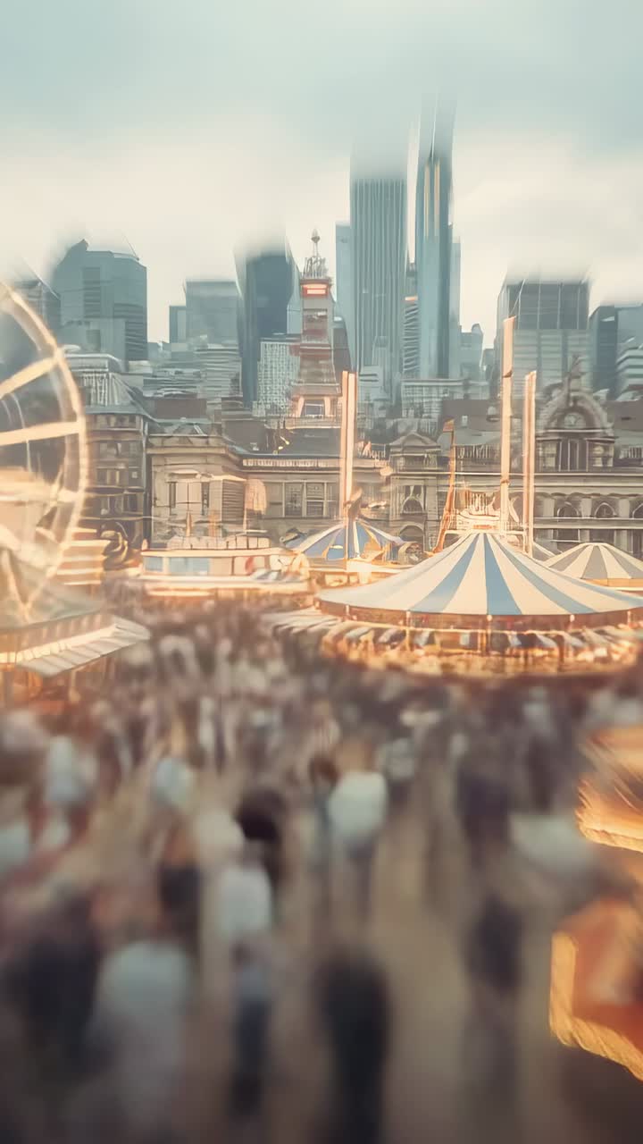 Vertical video: Spinning carousel and pulsing Ferris wheel drawing crowd at city fair, with lights