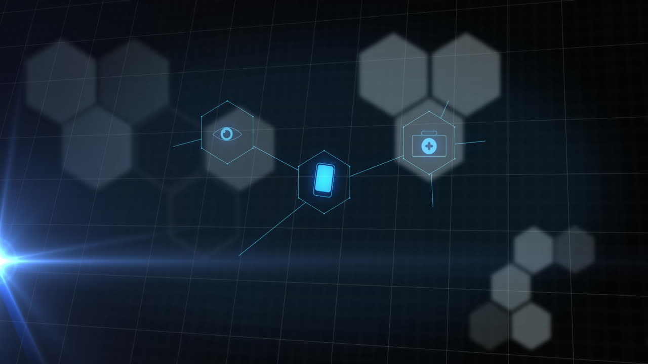 Animation of medical icons and light spots on black background