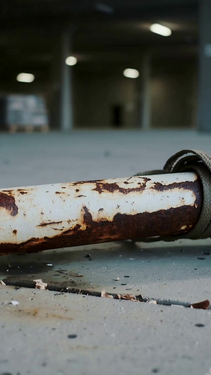 Vertical video: Moving camera pulling back, tilting up over rusted pipe in plant with green strap