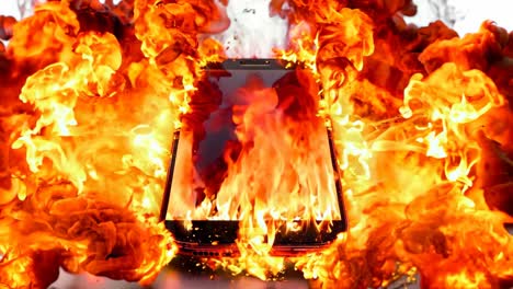 a cell phone is engulfed in flames on a white background