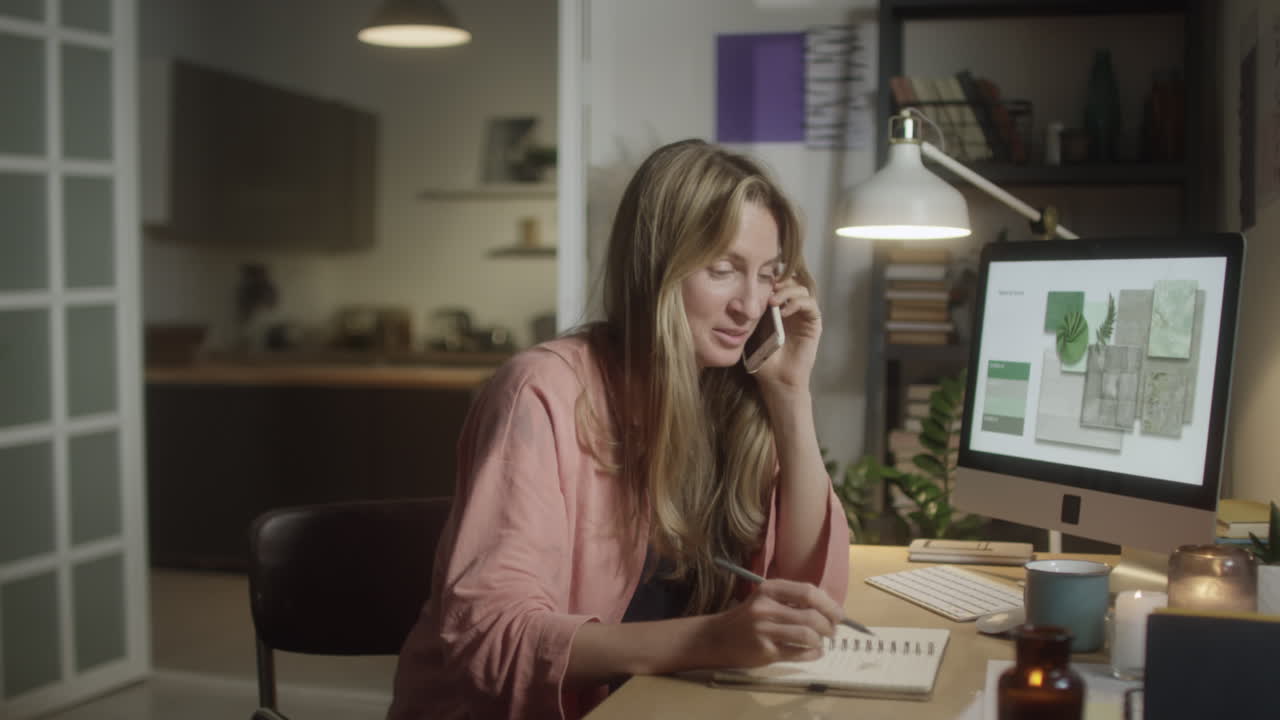 Kvindelig designer taler i telefon om aftenen derhjemme
