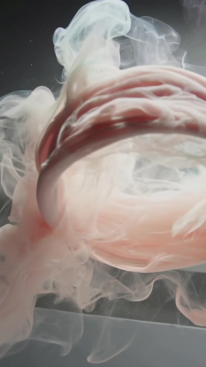 Video verticale: Rilascio di un pennacchio di inchiostro rosa che scende, si piega e si avvolge in un serbatoio trasparente su una base bianca