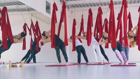 women stand in tadasana modern fly yoga pose using hammocks