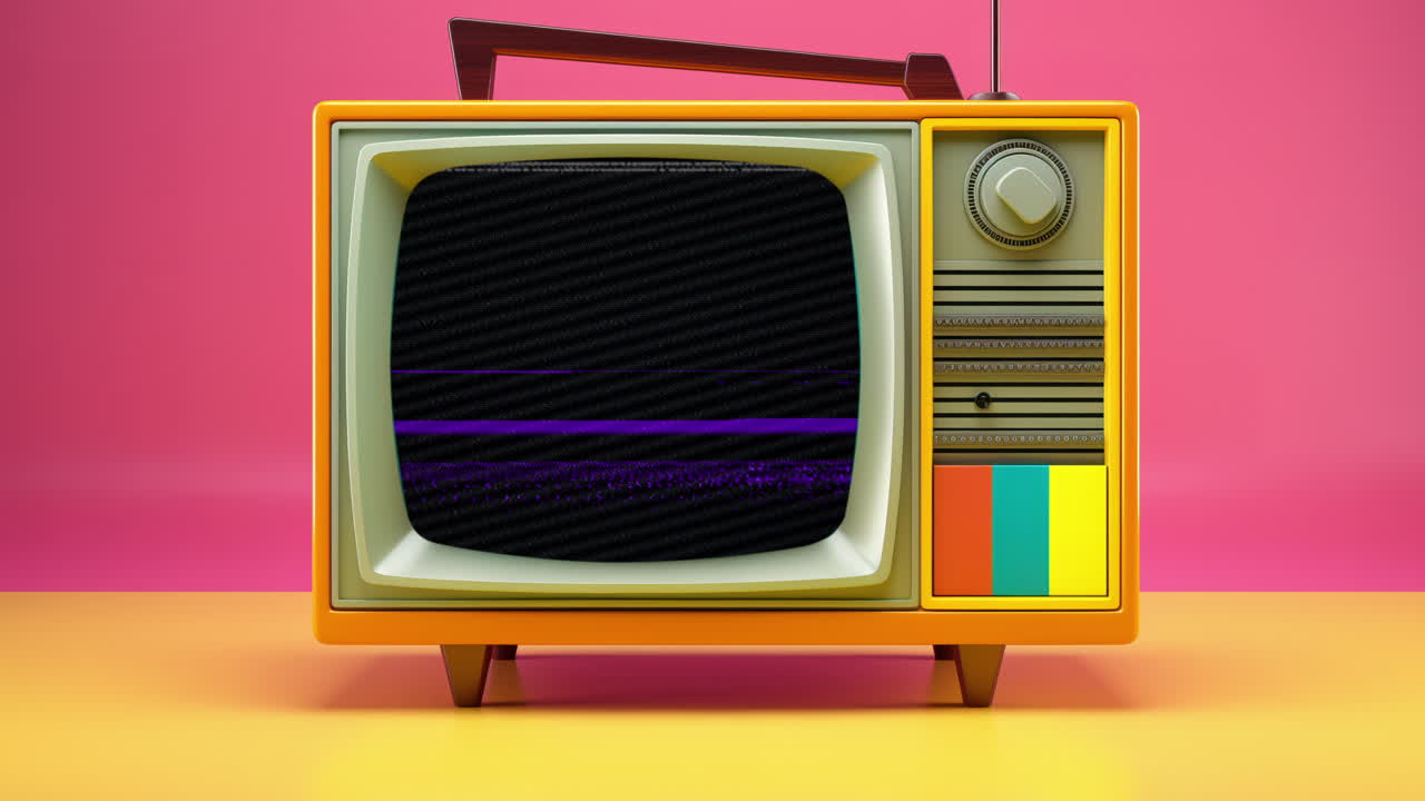 오버레이드 필름 글리치 텍스처를 가진 레트로 텔레비전 세트