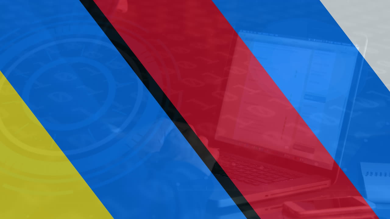 Animation of hand of caucasian male hacker over flag of russia and ukraine