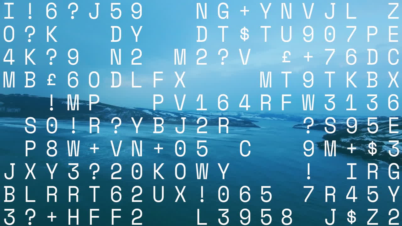 Animating random alphanumeric characters over serene ocean landscape