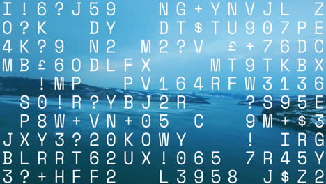 animating random alphanumeric characters over serene ocean landscape