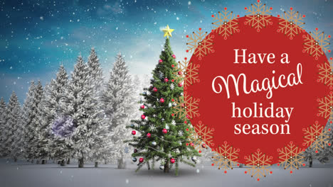 Animation-of-christmas-greetings-over-winter-landscape-background-with-christmas-tree