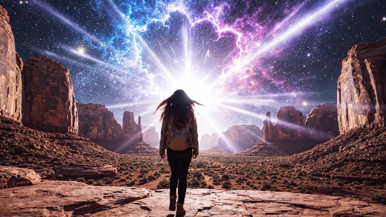 Espectacular vista cósmica: Un viajero solitario se asombra ante un deslumbrante fenómeno celestial con colores vibrantes y un cielo estrellado sobre majestuosas formaciones rocosas.