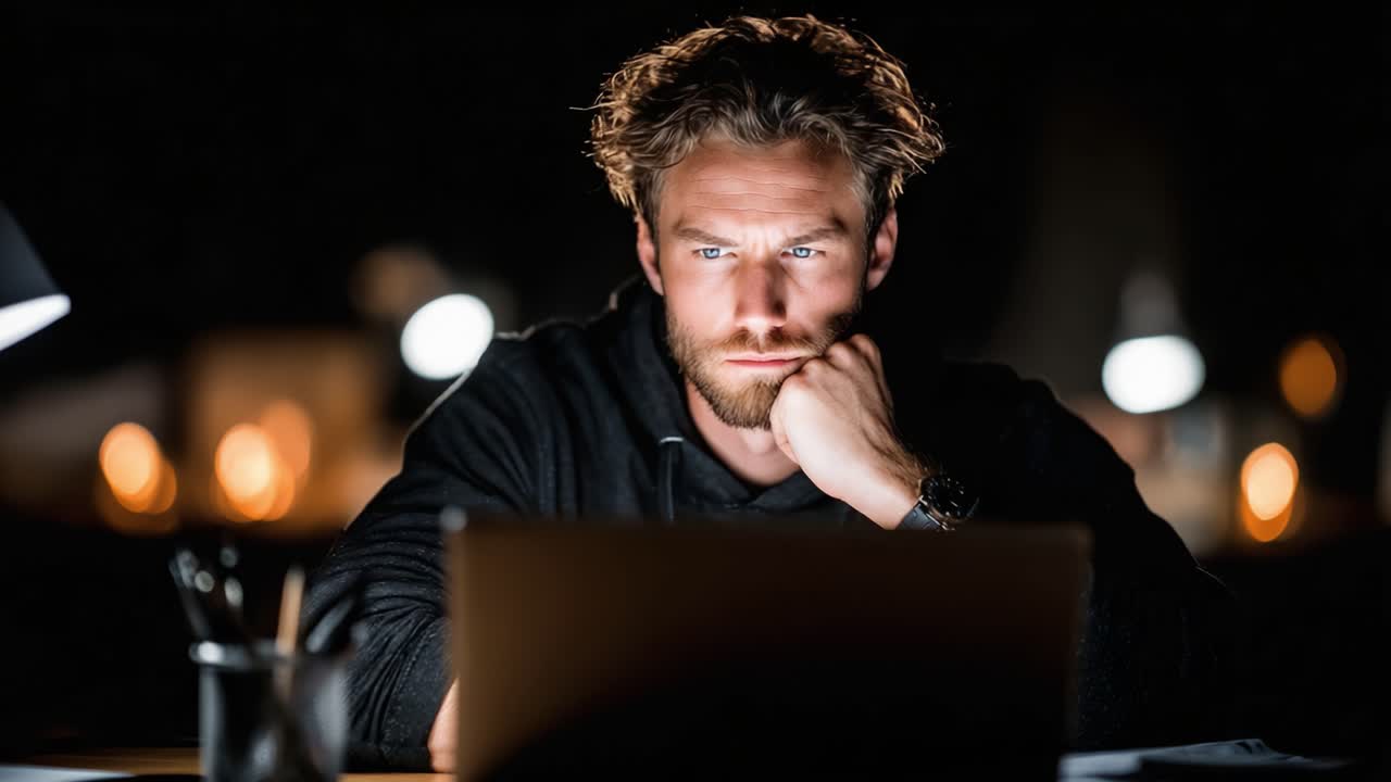 Intense Focus: A Young Man Deep in Thought Stares at His Laptop Screen in a Dimly Lit Room, Emphasizing Concentration and Determination in Late-Night Work
