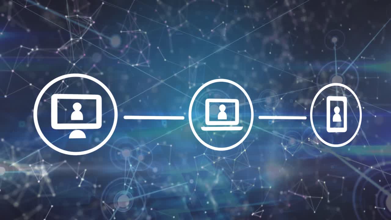 animación de iconos y formas de medios en fondo azul