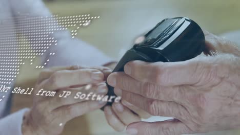 animation of data processing over hands of caucasian people using payment terminal