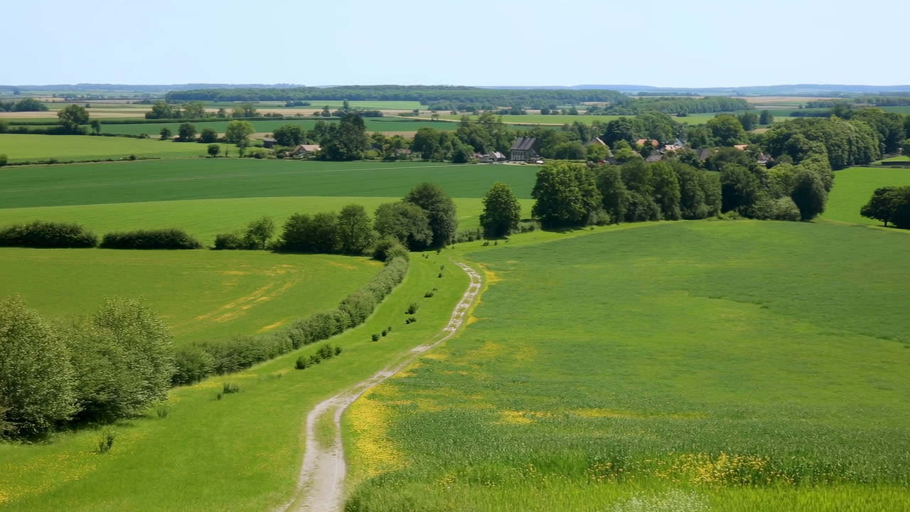 Green Rolling Fields With Winding Path, Distant Village Clusters, Hedgerows And Wildflower Borders Under Clear