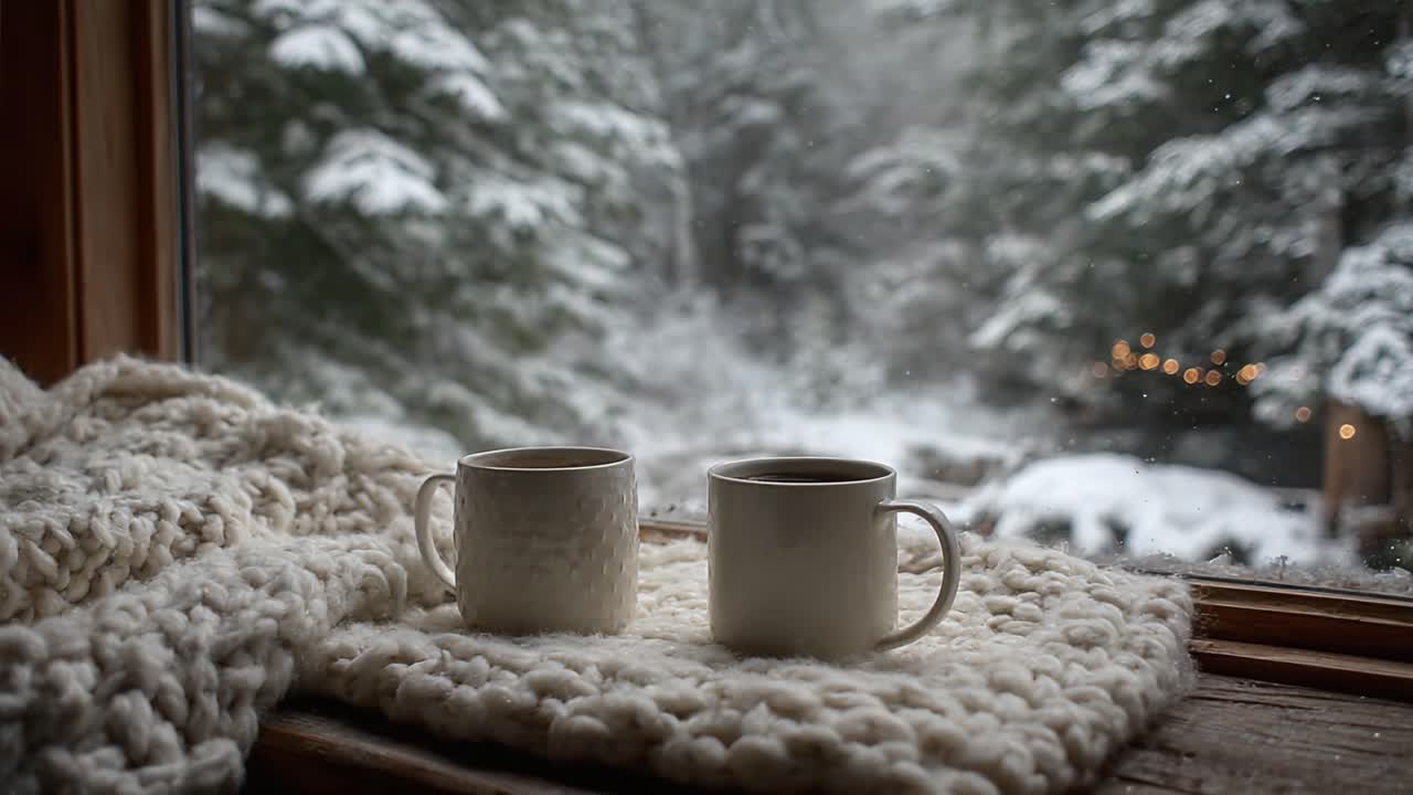 En hyggelig vinterscene med to krus varm drik på et strikket tæppe, indrammet af et sneklædt landskab gennem et vindue for at fremkalde hygge og ro