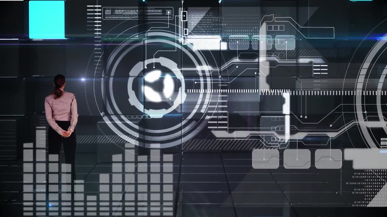 Digital interface with data processing against businesswoman touching futuristic screen