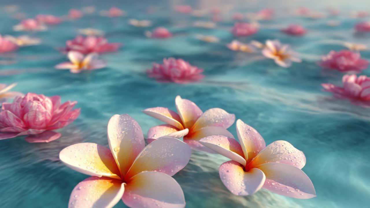 A Tranquil Display of Water Lilies and Frangipani Blossoms Floating Gracefully on Serene Waters, Capturing Nature's Beauty in Stunning Detail