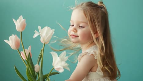 young girl looking at a bouquet of tulips