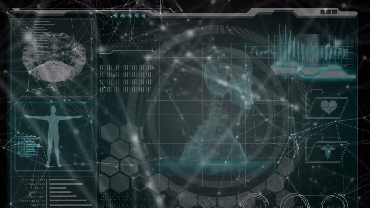 Animation of networks of connections and medical data processing over black background