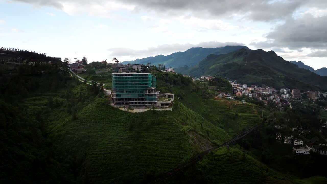 Abandoned hotel at Sa pa or Sapa city, Vietnam. Aerial drone orbiting