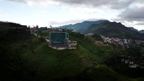 abandoned hotel at sa pa or sapa city, vietnam. aerial drone orbiting