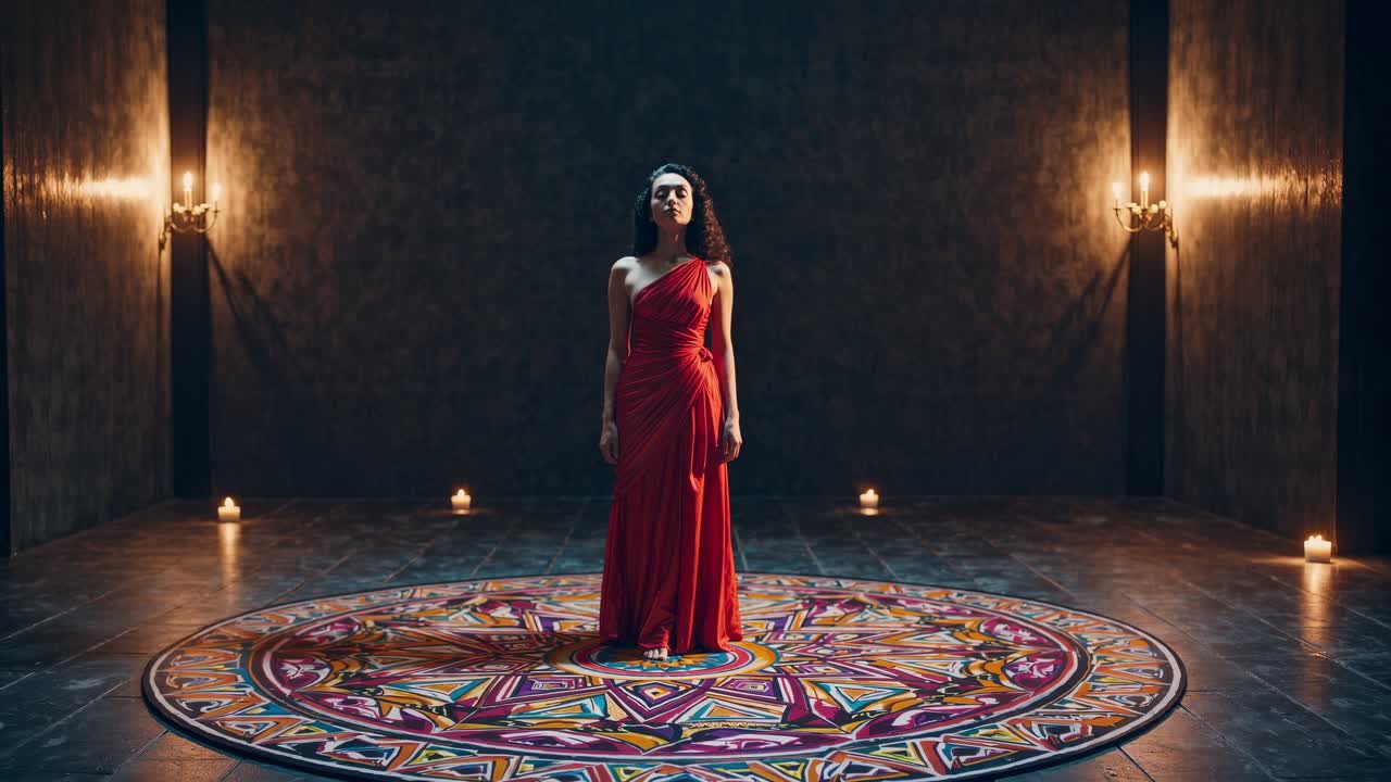Mulher em um elegante vestido vermelho posa confiante sobre um tapete vibrante e estampado, iluminada pela suave luz de velas, exibindo uma progressão de cena dramática e cativante
