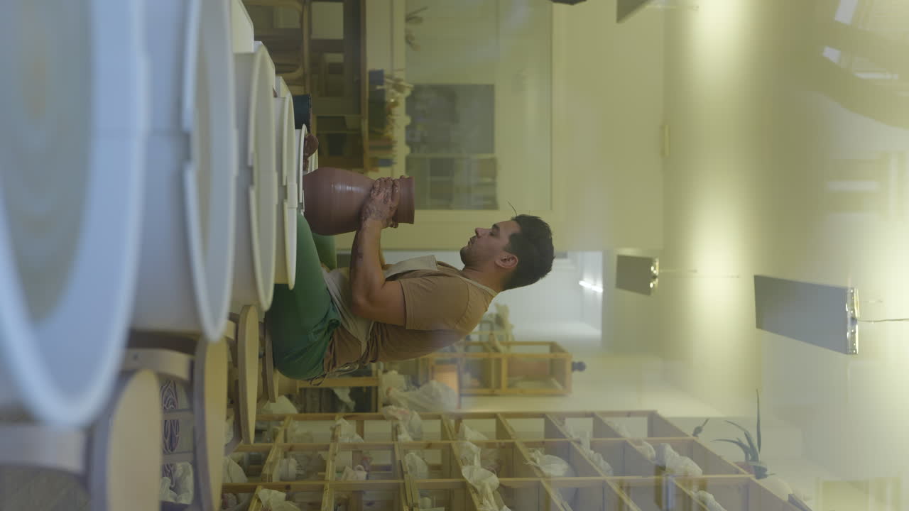 수직 도자기 남성 모양 도자기 작업실에서 도자기 바에 는 점토