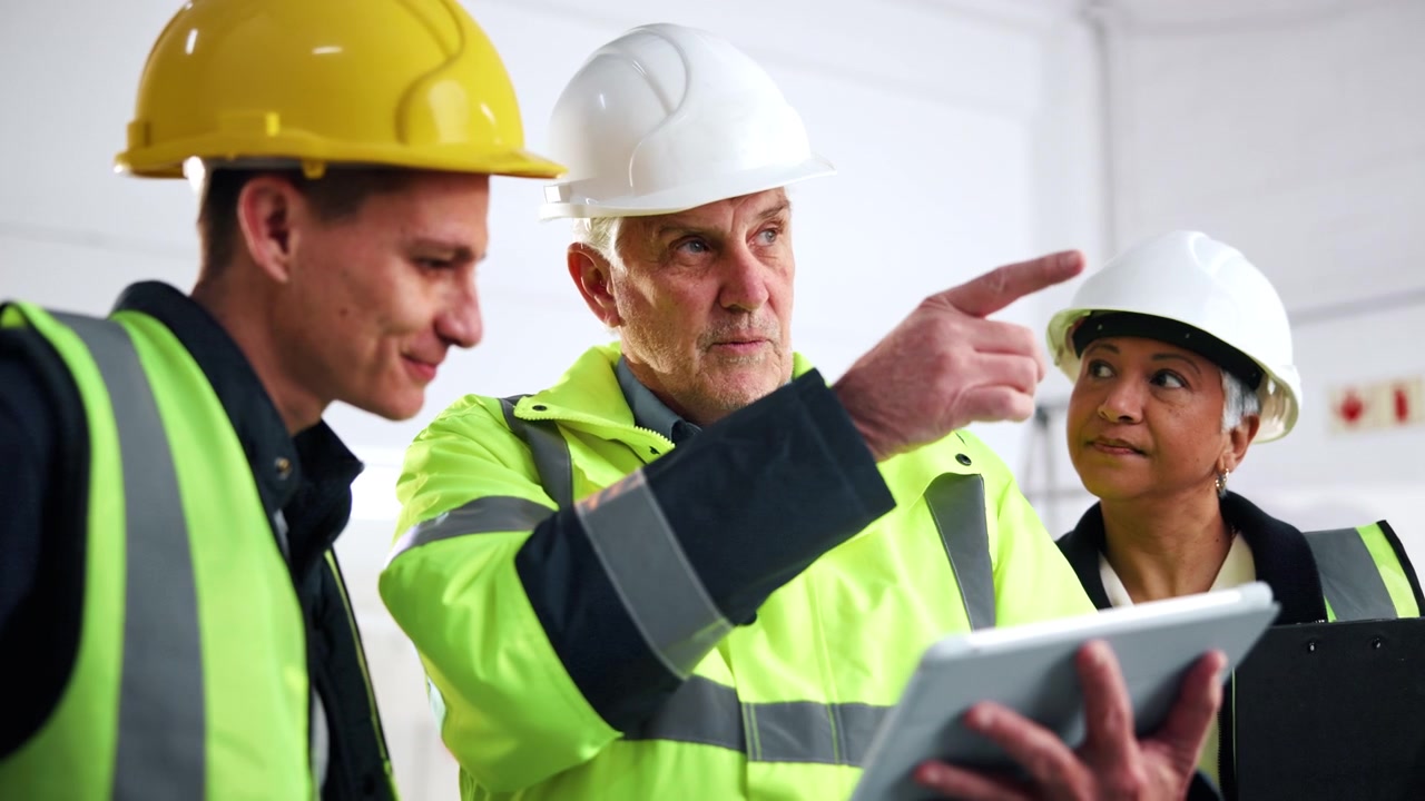 Construction Team Reviewing Project Plans on Digital Tablet