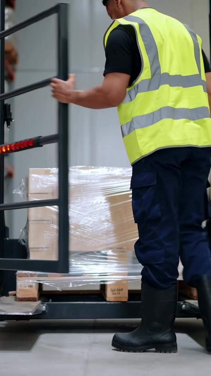 Vertical video: Stepping onto platform at warehouse, worker in vest closing LED gate, securing load