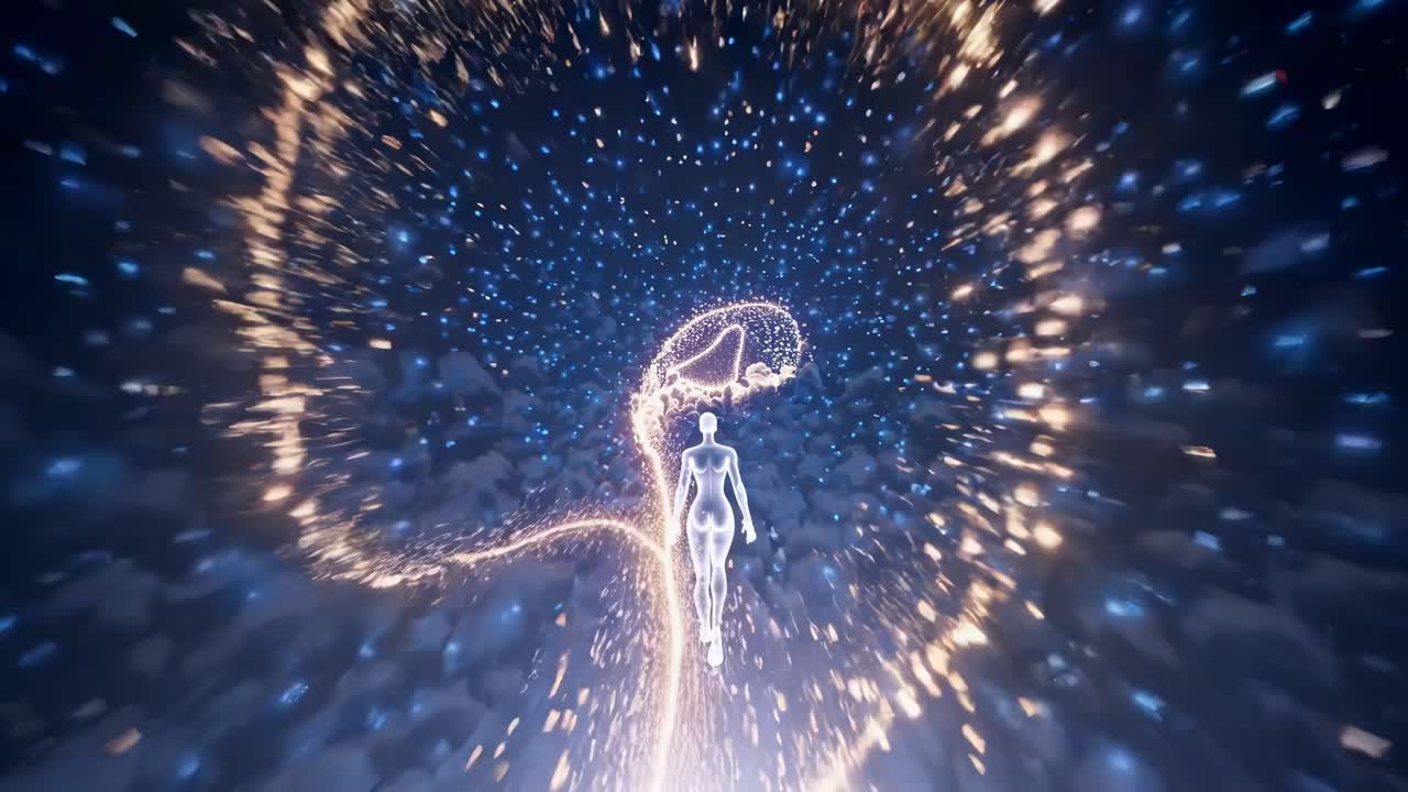 Aerial video view of a glowing figure ascending through clouds into a starry sky