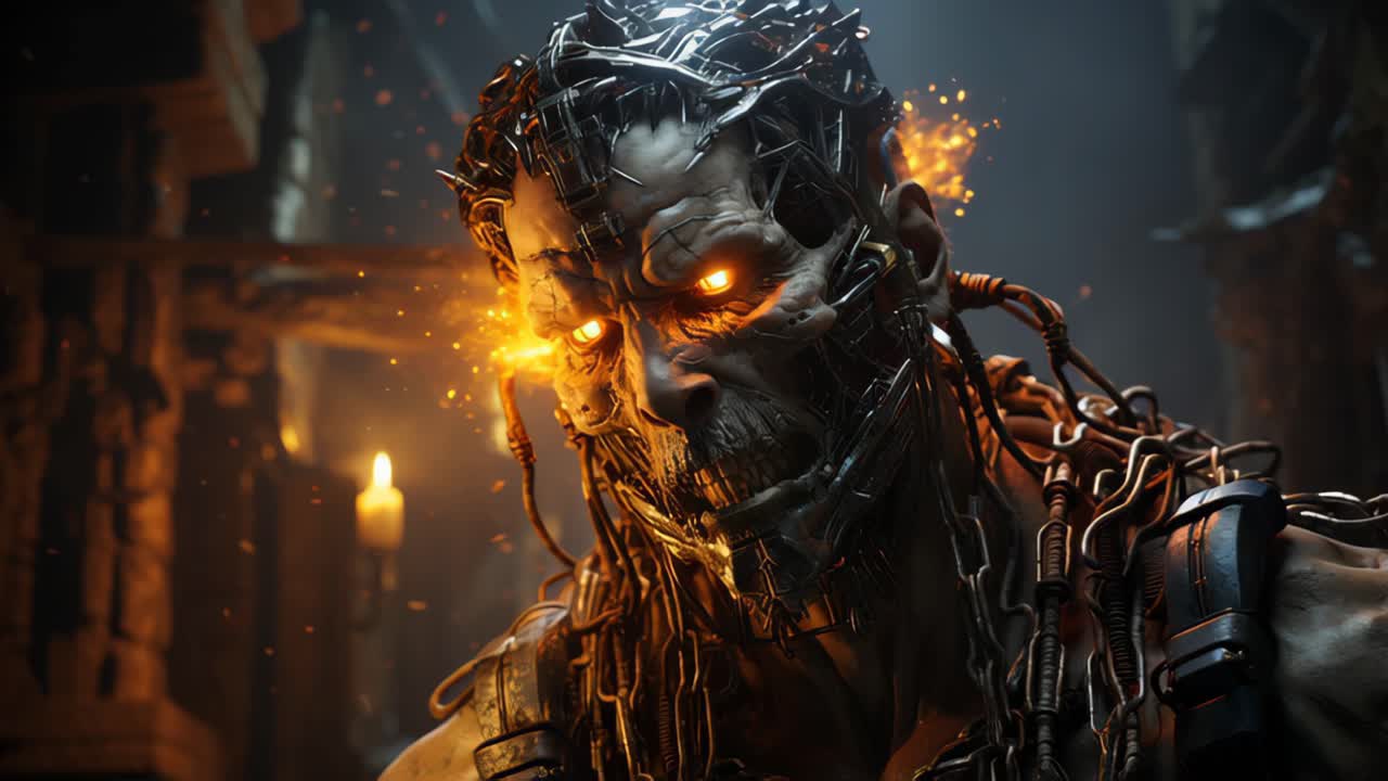 Glowing face character in metal suit with chains in dark setting