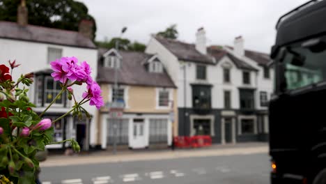 truck passing by flower and buildings in wrexham