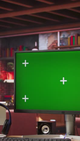 vertical video green screen computer monitor on wooden desk in modern home