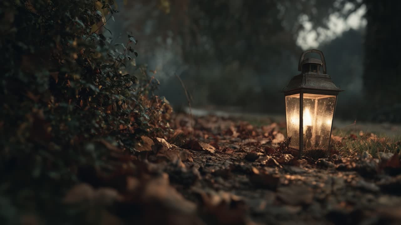 Una Lanterna Luminosa su un Sereno Sentiero Autunnale, Circondata da Foglie Cadute e dalla Bellezza della Natura, che Illumina la Tranquillità della Stagione