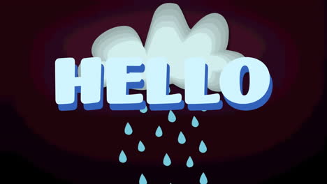 animación de texto de saludo sobre nube con lluvia sobre fondo púrpura