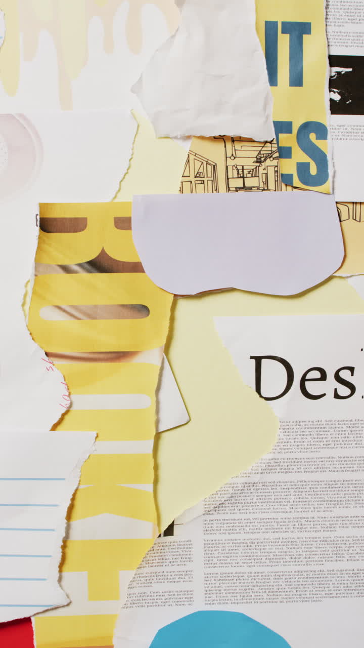Vertical video of close up of collage of paper and newspaper pieces background with copy space