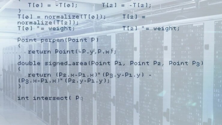 Overlay opening transparent C++ code scrolling over server racks, showing API calls, geometry logic
