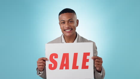discount, banner and face of happy man in studio
