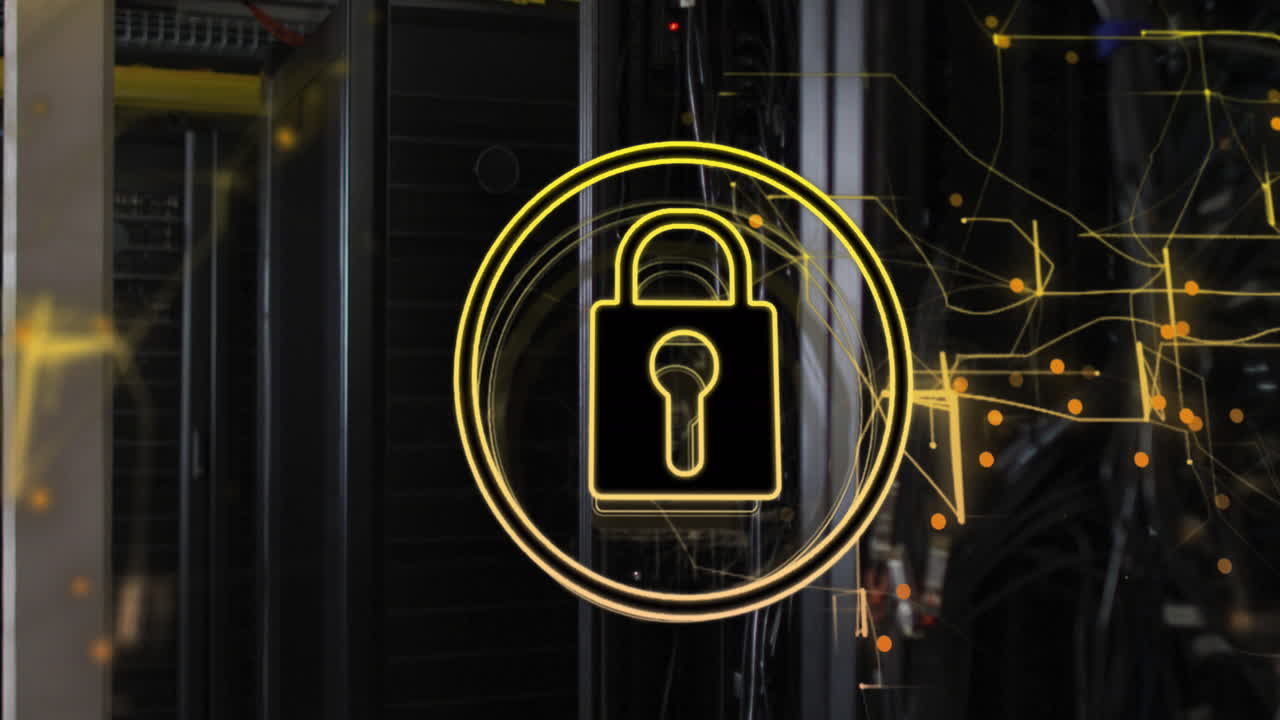 Animaton of security padlock icon and golden light trails against close up of a computer server