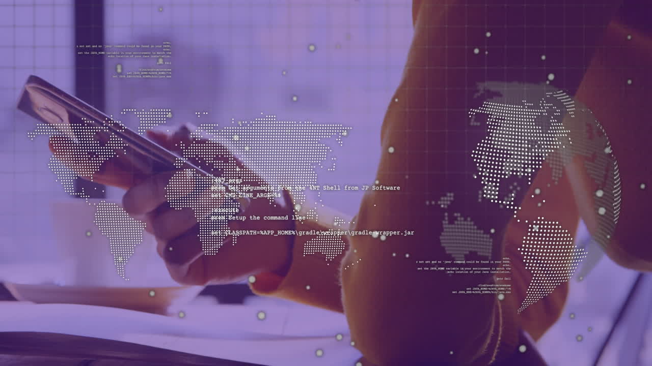sosteniendo un teléfono inteligente, persona con mapa del mundo y puntos de datos animación más