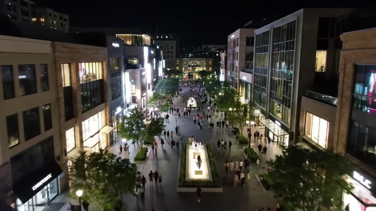 Night view of a bustling urban shopping district