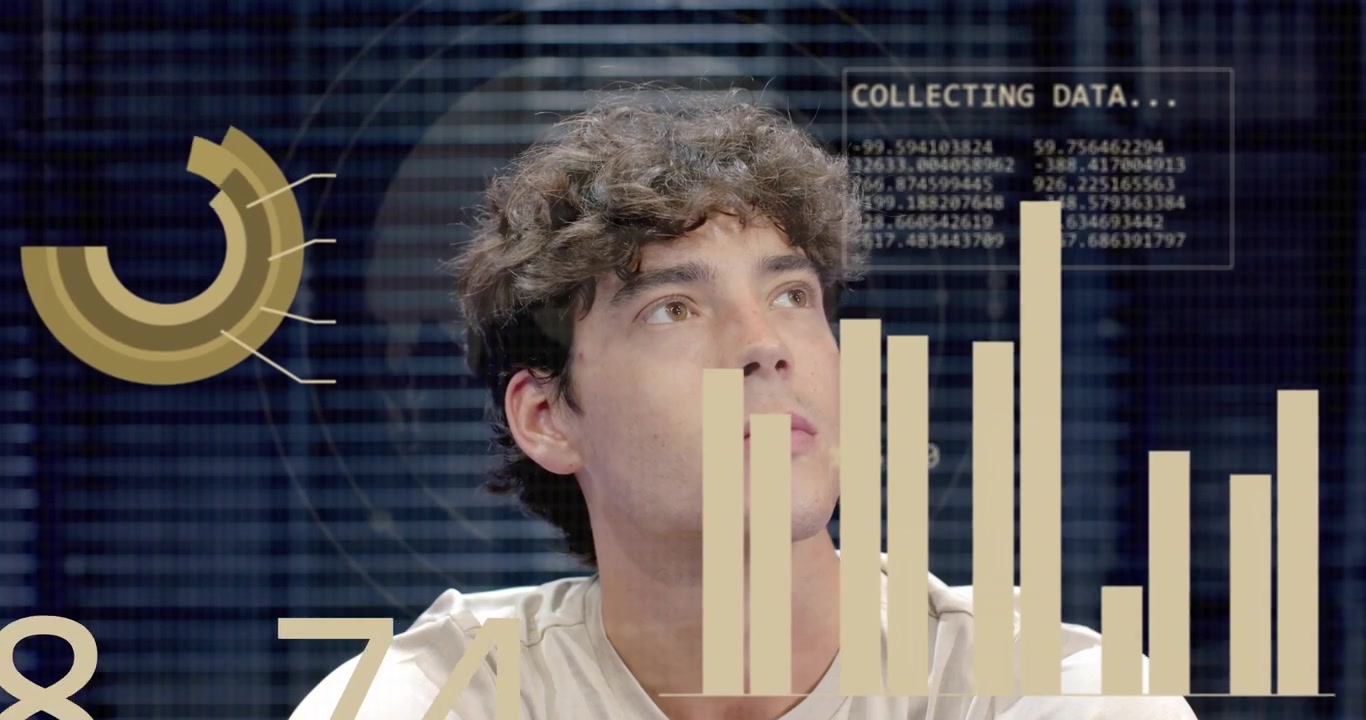 Seated man gazing upward as tech percent marker fading graph emerging bars rising collecting data
