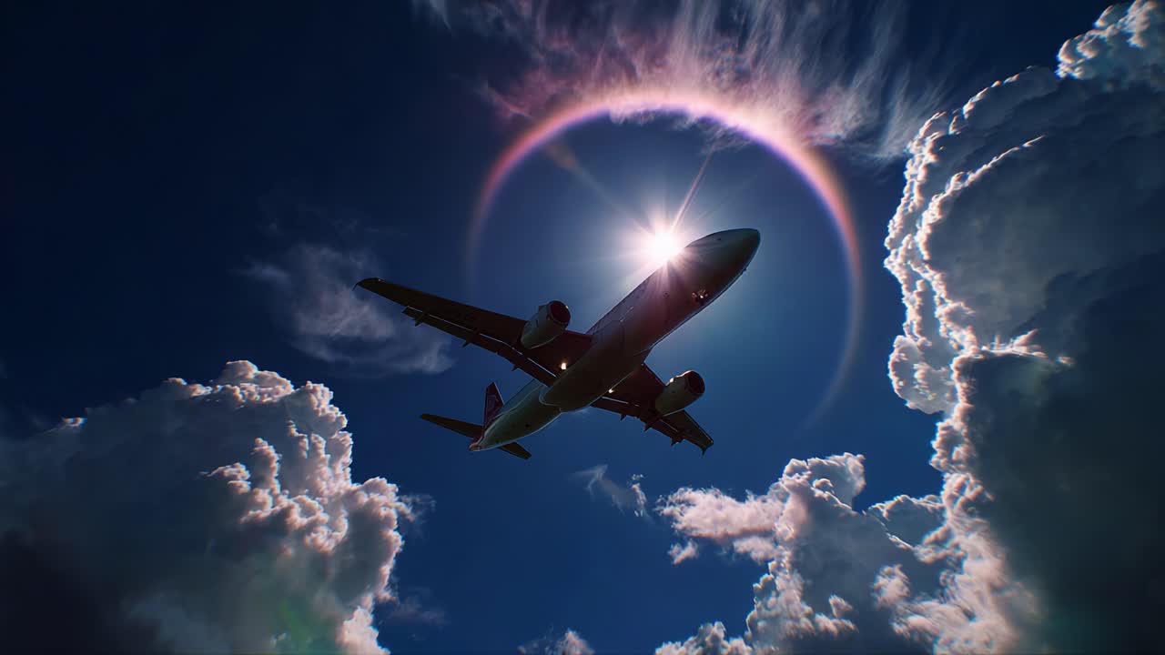 An awe-inspiring airplane soaring through a dramatic sky, illuminated by a bright sun creating a stunning halo effect amidst fluffy clouds, showcases the beauty of flight and nature's artistry