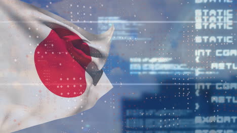 animación del procesamiento de datos financieros sobre la bandera de japón