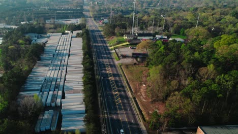 Overview-aerial-of-parking-lot-of-semi-trailers-in-South-Atlana,-Georgia