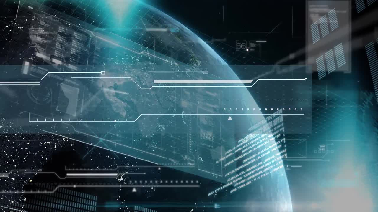 검은색 배경의 지구에 대한 데이터 처리와 함께 디지털 인터페이스의 디지털 애니메이션