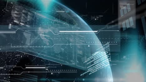 animación digital de la interfaz digital con procesamiento de datos contra el globo sobre fondo negro